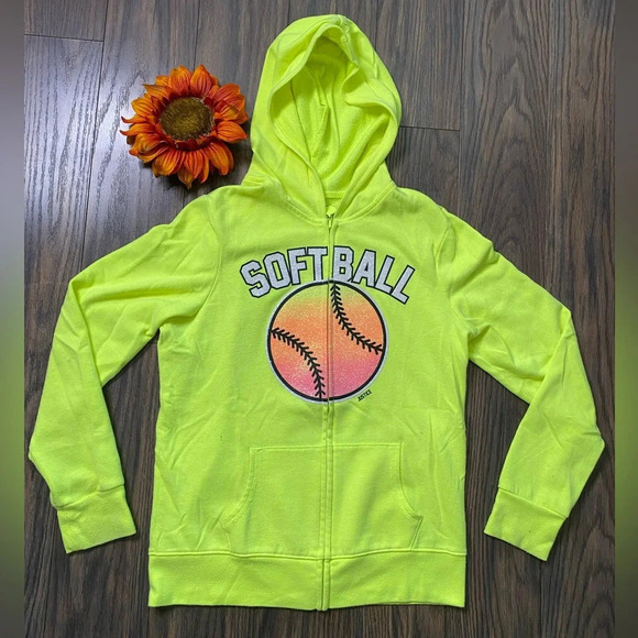 🌻5/$25🌻JUSTICE Neon Yellow Softball Hooded Zip Up Sweatshirt | 14 | - Picture 1 of 6